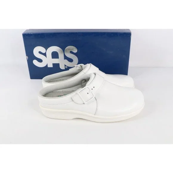 New SAS San Antonio Shoemakers Womens 7 M Leather Buckle Clogs Shoes White USA